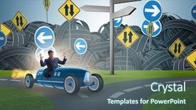  Presentation with driving - Slide set consisting of confusion signpost - confused businessman driving car im background and a ocean colored foreground
