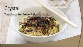  Presentation with shanghai - Beautiful PPT layouts featuring cong - scallion oil noodles shanghai food backdrop and a soft green colored foreground