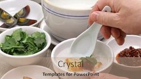  Presentation with rice congee - Presentation theme featuring congee-rice-porridge-chinese-traditional background and a coral colored foreground