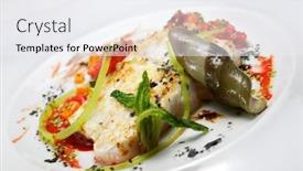  Presentation with sauce - Presentation theme having conger-with-vegetables-and-spicy background and a sky blue colored foreground