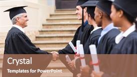  Presentation with on line education - Colorful PPT theme enhanced with congradulations graduation - group of cheerful graduates backdrop and a coral colored foreground