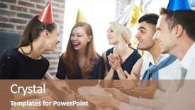  Presentation with birthday party - Slide deck having congrats - group of young cheerful friends background and a coral colored foreground