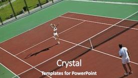  Presentation with congratulation - Slides enhanced with congratulation red orange - happy young couple play tennis background and a tawny brown colored foreground