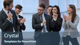  Presentation with team people hugging - Slide deck featuring congratulation winner - team of business people congratulating background and a ocean colored foreground