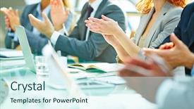  Presentation with conference - Audience pleasing presentation consisting of congratulations - business people clapping at conference backdrop and a cool aqua colored foreground