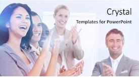  Presentation with meeting - Amazing slide deck having congratulations - cheerful business people applauding backdrop and a sky blue colored foreground