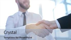  Presentation with new deal - Presentation design featuring congratulations - handshake of young successful brokers background and a light blue colored foreground