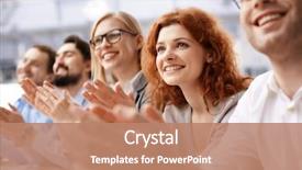  Presentation with conference - Cool new slide deck with congratulations - happy business team applauding backdrop and a coral colored foreground