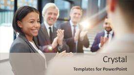  Presentation with speaker - Amazing presentation theme having congratulations - happy female politician and her backdrop and a soft green colored foreground