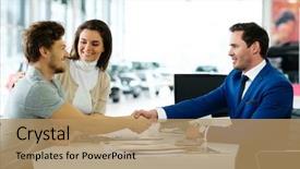  Presentation with dealership - Slide deck consisting of congratulations - salesman and customer shaking hands background and a coral colored foreground