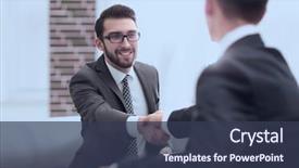  Presentation with shaking hands - Audience pleasing presentation design consisting of congratulations - two colleagues shaking hands backdrop and a tawny brown colored foreground
