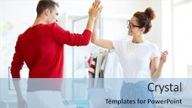  Presentation with new ideas - Beautiful theme featuring congratulations - two young successful designers giving backdrop and a light blue colored foreground