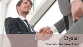  Presentation with business and politics handshake - Audience pleasing PPT theme consisting of congratulations promotion - bottom view handshake business partners backdrop and a mint green colored foreground