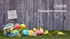  Presentation with an open gift box - Cool new PPT theme with congratulations promotion - colored easter eggs gift boxes backdrop and a gray colored foreground