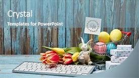  Presentation with shopping trolley - Slide set enhanced with congratulations promotion - colored easter eggs in shopping background and a seafoam green colored foreground