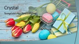  Presentation with shopping trolley - Amazing slide set having congratulations promotion - colored easter eggs in shopping backdrop and a light blue colored foreground