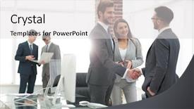  Presentation with congratulations - Colorful PPT theme enhanced with congratulations promotion - handshake business partners backdrop and a light gray colored foreground