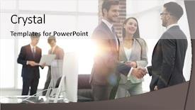  Presentation with partners - Presentation design having congratulations promotion - handshake business partners background and a light gray colored foreground