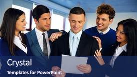  Presentation with promotion - Beautiful PPT theme featuring congratulations promotion - happy colleagues congratulating businessman backdrop and a navy blue colored foreground