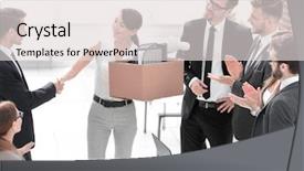  Presentation with project manager - Colorful slide deck enhanced with congratulations promotion - project manager and new employee backdrop and a light gray colored foreground