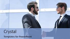  Presentation with shaking hands - Presentation theme with congratulations promotion - two business people shaking hands background and a light blue colored foreground