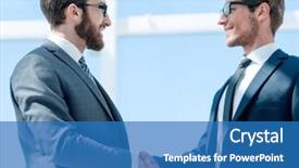  Presentation with two people holding hands - PPT theme with congratulations promotion - two business people shaking hands background and a teal colored foreground