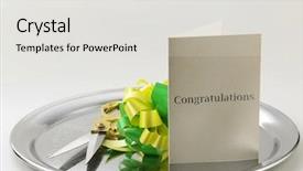  Presentation with emerald green ribbon - Beautiful slides featuring congraturation - green yellow ribbon bows scissors backdrop and a light gray colored foreground