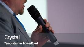  Presentation with microphone - PPT theme featuring congressman - businessman talking at conference holding background and a dark gray colored foreground