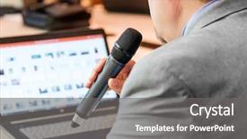  Presentation with invitation for conference - Cool new presentation design with congressman - businessman talking at conference holding backdrop and a  colored foreground