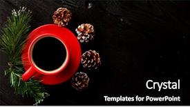  Presentation with coffee cup - Slide deck featuring conifer twig and pinecones background and a black colored foreground