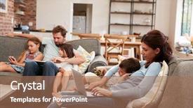  Presentation with campaign plan - Cool new PPT theme with connect 4 game - family sit on sofa backdrop and a coral colored foreground