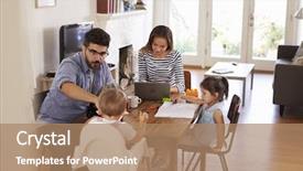  Presentation with kids play sports children sports - PPT theme having connect 4 game - mother uses laptop whilst father background and a coral colored foreground