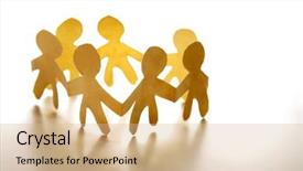  Presentation with cutout paper people standing around globe holding hands - Presentation having connect collaborate - paper-chain people holding hands background and a  colored foreground