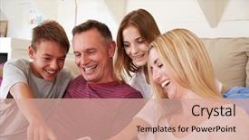  Presentation with family children - Slide deck featuring connect four - family with teenage children sitting background and a coral colored foreground