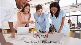  Presentation with busy work - Colorful presentation design enhanced with connect four - young business team work standing backdrop and a mint green colored foreground