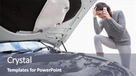  Presentation with community assistance - Presentation design consisting of connected car - desperate woman calling for assistance background and a gray colored foreground