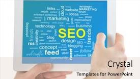  Presentation with touch screen - Cool new slides with connected words on touch-screen tablet-pc isolated on white backdrop and a lemonade colored foreground