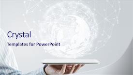  Presentation with global - PPT layouts with connected world - businessman holding in hand tablet background and a sky blue colored foreground