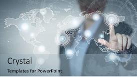  Presentation with connected world - Colorful theme enhanced with connected world - close up of businesswoman touching backdrop and a light blue colored foreground