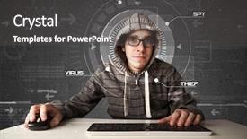  Presentation with hacking - PPT theme having connected world - young hacker in futuristic enviroment background and a dark gray colored foreground