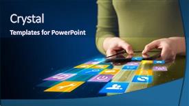  Presentation with application - Audience pleasing PPT theme consisting of connecting devices - hand holding tablet device backdrop and a  colored foreground