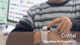  Presentation with smart - Beautiful PPT theme featuring connecting devices - kid using smart watch backdrop and a coral colored foreground