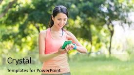  Presentation with smart watch red - Colorful presentation design enhanced with connecting devices - sport woman use of smart backdrop and a mint green colored foreground