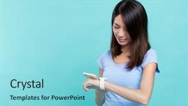  Presentation with connecting - Slide set with connecting devices - woman use of smart watch background and a  colored foreground