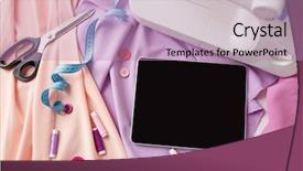  Presentation with tailoring - Colorful PPT theme enhanced with tablet pc computer scissors tape backdrop and a coral colored foreground