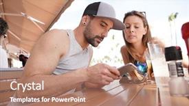  Presentation with connecting community - PPT theme featuring connecting with smartphone at restaurant background and a  colored foreground