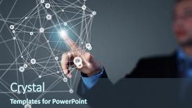  Presentation with hand touching finger digital - Colorful slide set enhanced with connection lines on virtual screen backdrop and a  colored foreground