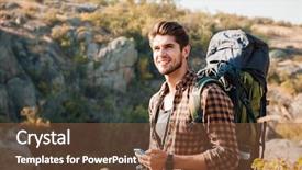  Presentation with backpack - Colorful PPT layouts enhanced with conquer - tourist with backpack looking away backdrop and a tawny brown colored foreground