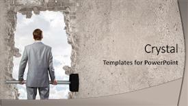  Presentation with hands - Audience pleasing PPT layouts consisting of conquering barriers success - determined businessman with big hammer backdrop and a soft green colored foreground