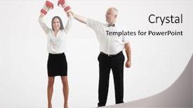  Presentation with referee - PPT layouts enhanced with conqueror - referee holding happy winner businesswoman background and a white colored foreground